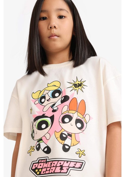 Kız Çocuk PowerPuff Girls Oversize Geniş Kalıp Bisiklet Yaka Kısa Kollu Tişört E6512A825HS