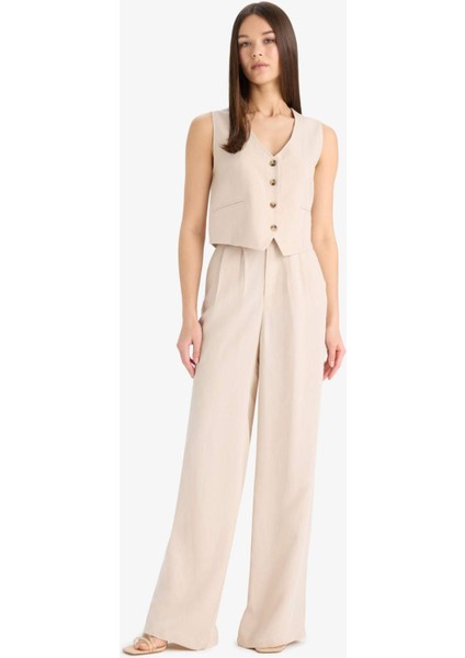 Wide Leg Keten Karışımlı Pantolon Normal Bel Geniş Paça Cepli Fermuarlı Standart Boy E6210AX25SP
