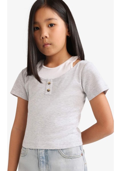 Kız Çocuk Cropped Fit Bisiklet Yaka Ribana Kısa Kollu Tişört E1830A825SM
