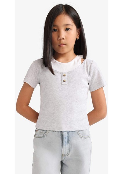 Kız Çocuk Cropped Fit Bisiklet Yaka Ribana Kısa Kollu Tişört E1830A825SM modelleri