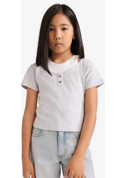 Kız Çocuk Cropped Fit Bisiklet Yaka Ribana Kısa Kollu Tişört E1830A825SM fırsatları