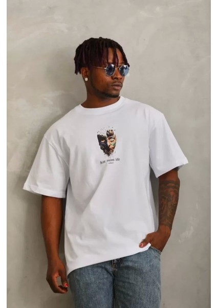 Oversize Baskılı Bisiklet Yaka Tshirt