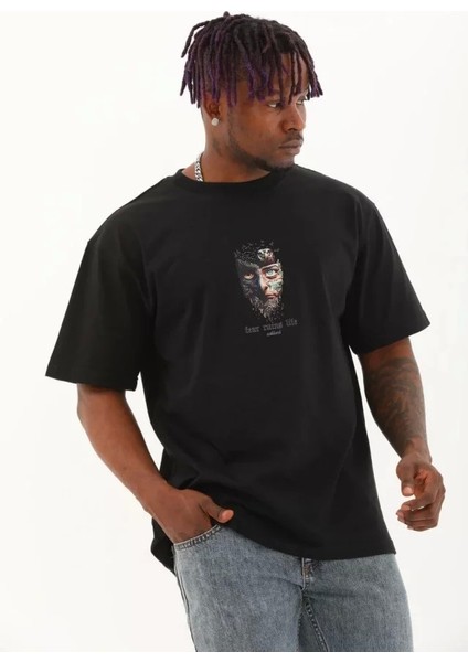Oversize Baskılı Bisiklet Yaka Tshirt