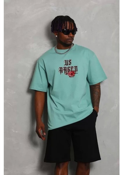 Oversize Baskılı Bisiklet Yaka Tshirt