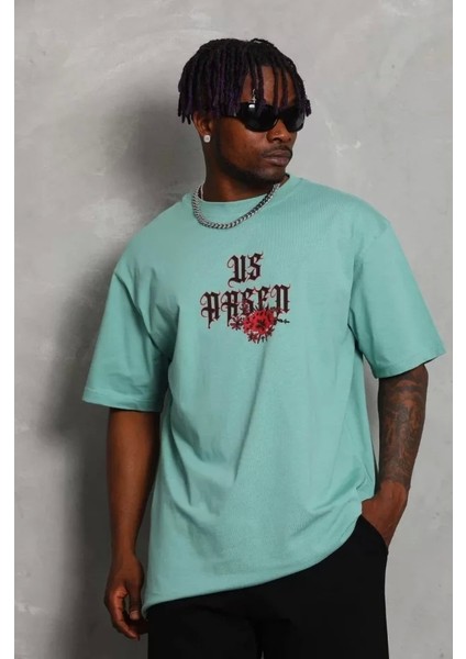 Oversize Baskılı Bisiklet Yaka Tshirt