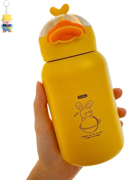 Sevimli Karikatür Küçük Sarı Ördek Pop-Up Kapaklı Bardak Pipetli Çocuk Pipetli Termos Bardak 304 Paslanmaz Çelik Termos Bardak (Yurt Dışından)