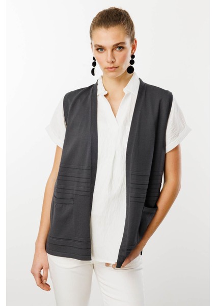 Kadın Cepli Yazlık Triko Yelek Gri modelleri