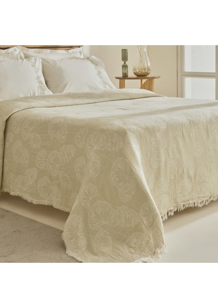 Ginkgo Leaf Müslin Nakışlı Çift Kişilik Pike Takımı Adaçayı fiyatları