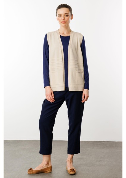 Kadın Cepli Yazlık Triko Yelek Bej