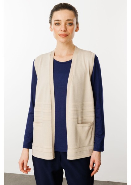 Kadın Cepli Yazlık Triko Yelek Bej indirimleri