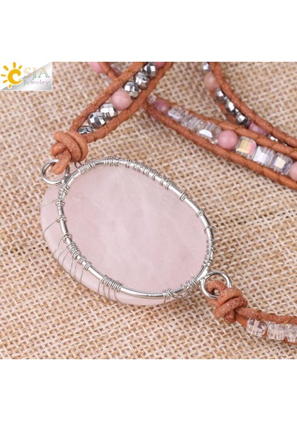 Csja Yaşam Ağacı Kadın Takı Doğal Pembe Kuvars Kristal Taşlı Kolye Bilezik Deri Örgülü Taş Boncuklu Sarma Bilezik (Yurt Dışından) fırsatları