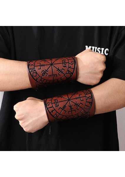 YW018-SIYAH 1 Adet Nordik Viking Odin Pusula Deri Bilezik Erkekler Için Binicilik Koruyucu Donanım Oymalı Geniş Bileklik Punk Takı (Yurt Dışından)