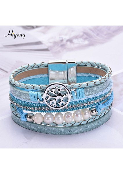No.13 Boyutu Kadınlar Için Manyetik Tokalı Taşlı Kristal Boncuklu Çok Katmanlı Deri Sarma Bilezik Boho Örgülü Kolluk Bileziği (Yurt Dışından)