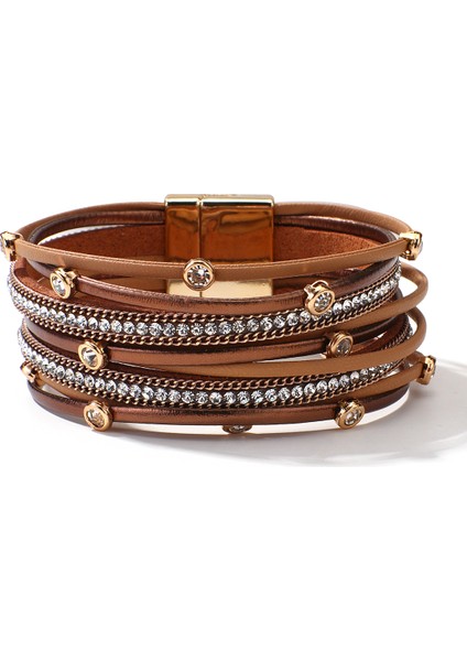 R-Kahverengi Amorcome Çok Katmanlı Yuvarlak Çivili Sargılı Deri Kadın Bilezikleri Boho Geniş Örme Manyetik Tokalı Kolluk Bilezik Femme Pulsera (Yurt Dışından)