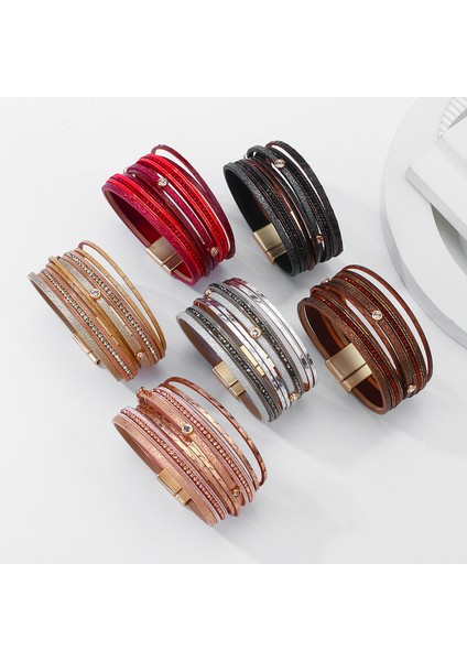 R-Kahverengi Amorcome Çok Katmanlı Yuvarlak Çivili Sargılı Deri Kadın Bilezikleri Boho Geniş Örme Manyetik Tokalı Kolluk Bilezik Femme Pulsera (Yurt Dışından)