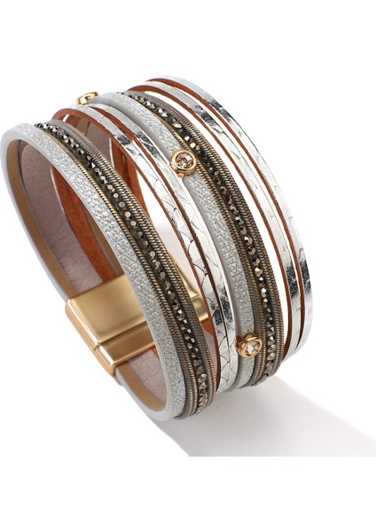 R-Kahverengi Amorcome Çok Katmanlı Yuvarlak Çivili Sargılı Deri Kadın Bilezikleri Boho Geniş Örme Manyetik Tokalı Kolluk Bilezik Femme Pulsera (Yurt Dışından)