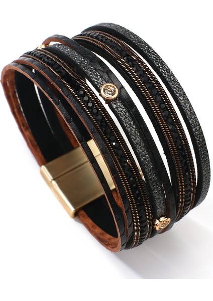 R-Kahverengi Amorcome Çok Katmanlı Yuvarlak Çivili Sargılı Deri Kadın Bilezikleri Boho Geniş Örme Manyetik Tokalı Kolluk Bilezik Femme Pulsera (Yurt Dışından)