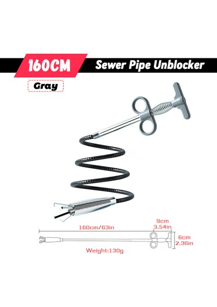 Gri 160CM Tarzı Banyo Mutfak Saç Boruları Temizleme Aracı Kanalizasyon Borusu Açıcı Yılan Bahar Boru Temizleme Aracı (Yurt Dışından)
