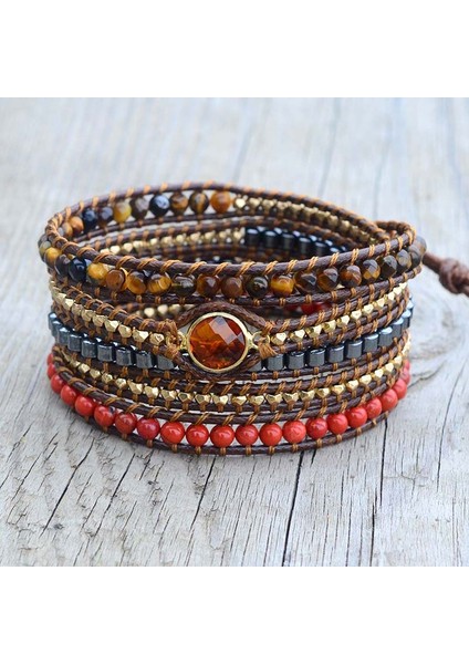 Kırmızı El Yapımı Vintage Vejetaryen Bileklik Doğal Taş 5 Sıra Çok Katmanlı Sarma Bilezik (Yurt Dışından)