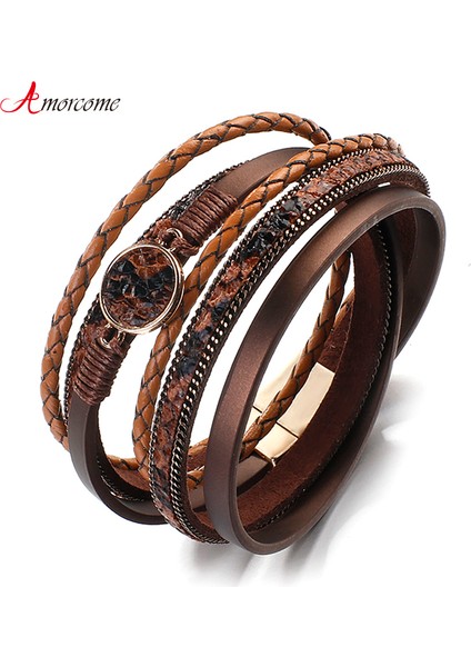 Kahverengi Kadınlar Için Amorcome Yılan Derisi Desenli Deri Bileklikler Moda Bohem Çekicilik Geniş Sarma Bilezikler & Bilezikler Femme Takı (Yurt Dışından)