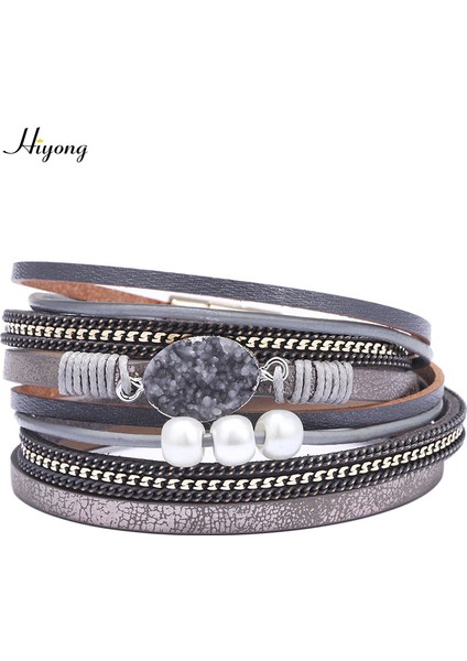 Mavi Hıyong Moda Bohem Çok Katmanlı Deri Bileklikler Kadınlar Için Tatlı Su Incisi Şanslı Bileziği Wrap Bilezik Femme Takı (Yurt Dışından)