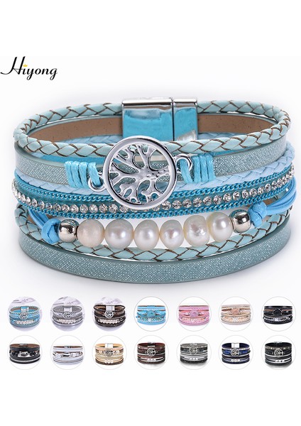Mavi Hıyong Moda Bohem Çok Katmanlı Deri Bileklikler Kadınlar Için Tatlı Su Incisi Şanslı Bileziği Wrap Bilezik Femme Takı (Yurt Dışından)