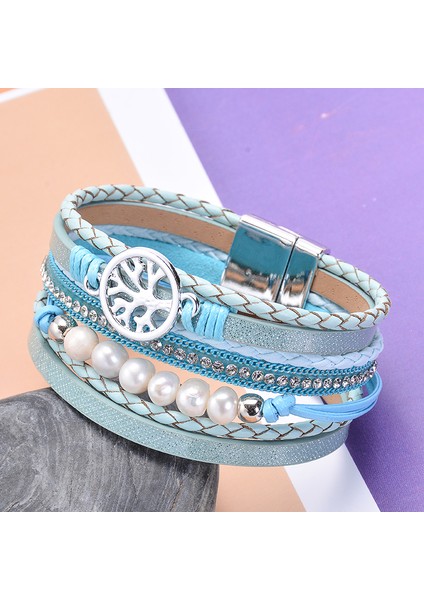 Mavi Hıyong Moda Bohem Çok Katmanlı Deri Bileklikler Kadınlar Için Tatlı Su Incisi Şanslı Bileziği Wrap Bilezik Femme Takı (Yurt Dışından)