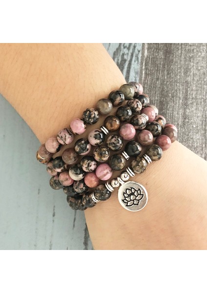 Lotus Güç Taşı Dua Boncuklu Mala Kolye Om Lotus Şanslı Yüzük Takı 8mm Siyah Çizgili Rodonit Meditasyon Om Bileklik (Yurt Dışından) fiyatları