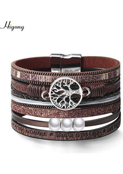 No.17 Boyutu Kadınlar Için Manyetik Tokalı Taşlı Kristal Boncuklu Çok Katmanlı Deri Sarma Bilezik Boho Örgülü Kolluk Bileziği (Yurt Dışından)