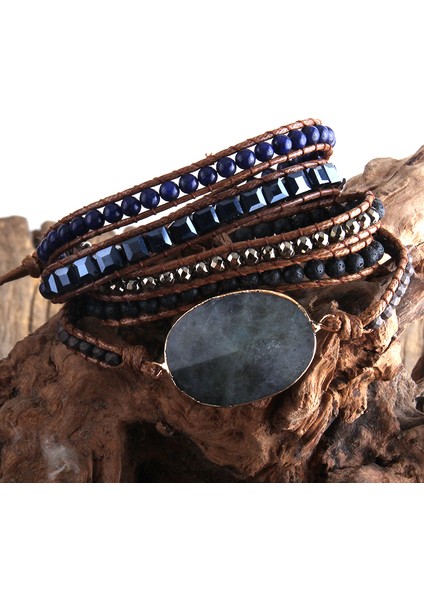 90CM Tarzı Lacivert Rh Moda Boho Boncuklu Bileklik El Yapımı Karışık Doğal Taşlar ve Kristal Taş Şanslı 5 Sıra Wrap Bilezik Kadın Hediye Dropship (Yurt Dışından)