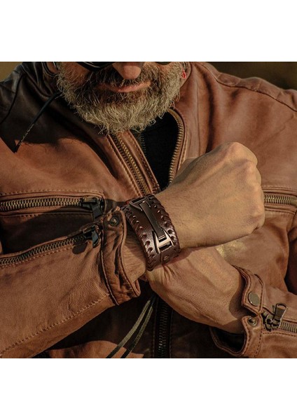 606Z Erkek Deri Bileklik Bileziği, Viking Sarma Stil Bilezik Veya Bileklik Manşet, Deri Kolluk Geniş Deri Bilezik, Ayarlanabilir Boyut (Yurt Dışından)