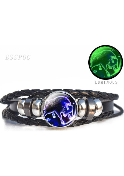 Boğa Burcu 12 Burç Bileklik Şarmı Yıldız Işareti Cam Kupyon Punk Takı Siyah Çok Katmanlı Deri Bileklik Kadın Erkek Hediye (Yurt Dışından)