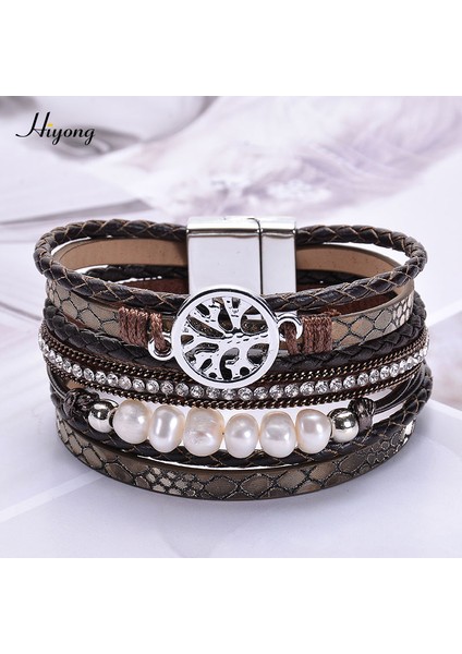 No.15 Boyutu Kadınlar Için Manyetik Tokalı Taşlı Kristal Boncuklu Çok Katmanlı Deri Sarma Bilezik Boho Örgülü Kolluk Bileziği (Yurt Dışından)