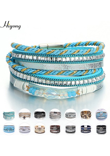 No.15 Boyutu Kadınlar Için Manyetik Tokalı Taşlı Kristal Boncuklu Çok Katmanlı Deri Sarma Bilezik Boho Örgülü Kolluk Bileziği (Yurt Dışından)