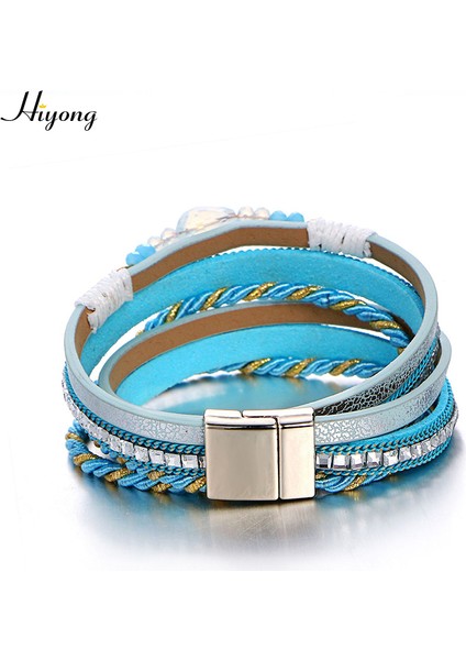 No.15 Boyutu Kadınlar Için Manyetik Tokalı Taşlı Kristal Boncuklu Çok Katmanlı Deri Sarma Bilezik Boho Örgülü Kolluk Bileziği (Yurt Dışından)