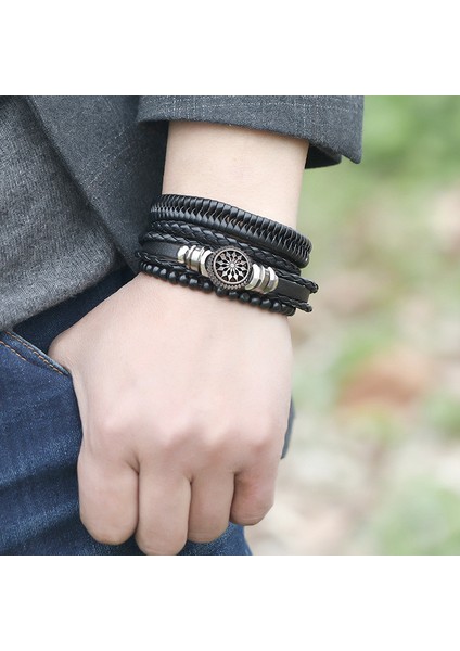 NO.84121 Beden Modyle ve Ayarlanabilir Deri Bileklikler Erkekler Için Örme Siyah Kahverengi Bilezik Hayat Ağacı Yaprak Direk Şans Bilekliği Hediye (Yurt Dışından)
