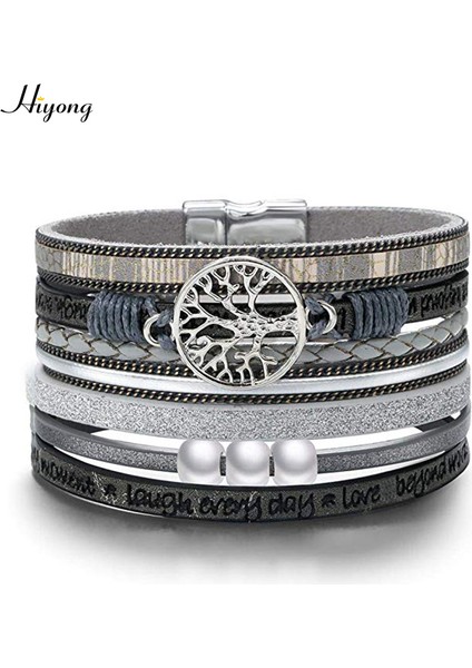 No.18 Beden Kadınlar Için Manyetik Tokalı Taşlı Kristal Boncuklu Çok Katmanlı Deri Sarma Bilezik Boho Örgülü Kolluk Bileziği (Yurt Dışından)