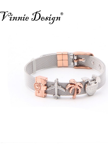 22CM Tarzı 1 Ayarla Vinnie Tasarım Takı Saklayıcısı Paslanmaz Çelik File Bilezik ile Çiçek Şeklinde Charms Gümüş Renk Gül Altın Sarma Bilezik Saklayıcılar (Yurt Dışından)