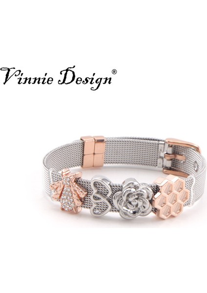 22CM Tarzı 1 Ayarla Vinnie Tasarım Takı Saklayıcısı Paslanmaz Çelik File Bilezik ile Çiçek Şeklinde Charms Gümüş Renk Gül Altın Sarma Bilezik Saklayıcılar (Yurt Dışından) fiyatları