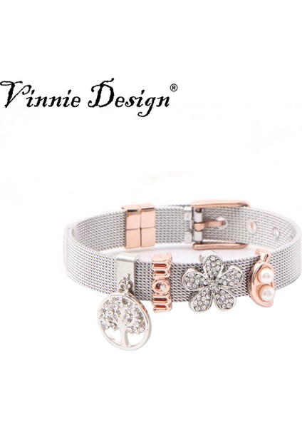 22CM Tarzı 1 Ayarla Vinnie Tasarım Takı Saklayıcısı Paslanmaz Çelik File Bilezik ile Çiçek Şeklinde Charms Gümüş Renk Gül Altın Sarma Bilezik Saklayıcılar (Yurt Dışından) modelleri