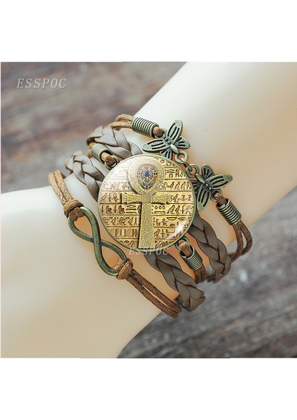 Altın Rengi Mısır Ankh Haç Bileklik Vintage Antik Mısır Anubis Scarab Tanrıça Retro Kahverengi Çok Katmanlı Deri Bileklik Kadın Erkek Için (Yurt Dışından)