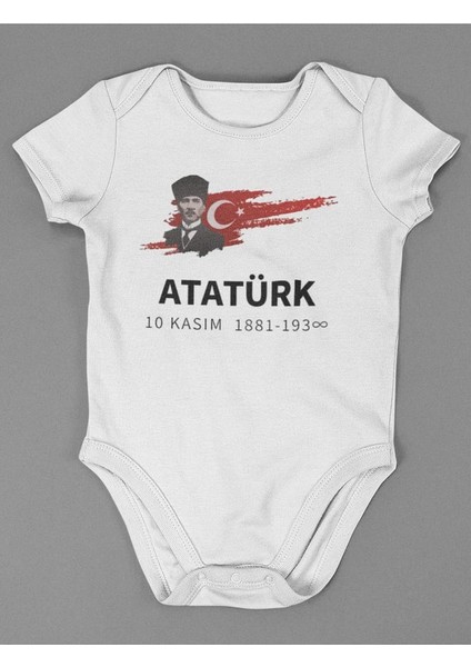10 Kasım Mustafa Kemal Atatürk Baskılı Pamuklu Yumuşak Unisex Çıtçıtlı Body Zıbın