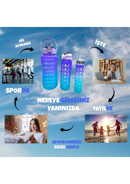 3'lü Set Bpa Içermez Motivasyonel Mor Su Mataraı,su Şişesi [2LT,750ML,500ML]