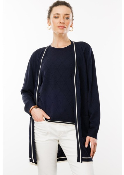 Kadın Sıfır Yaka Baklava Desenli Yazlık Hırka Lacivert