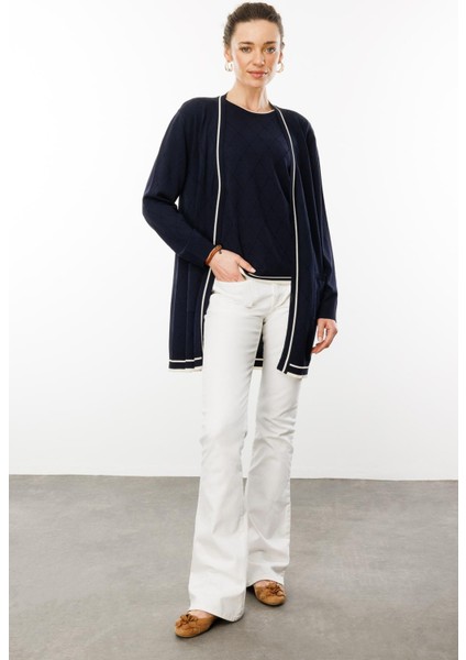 Kadın Sıfır Yaka Baklava Desenli Yazlık Hırka Lacivert modelleri