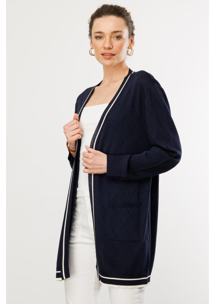Kadın Sıfır Yaka Baklava Desenli Yazlık Hırka Lacivert indirimleri