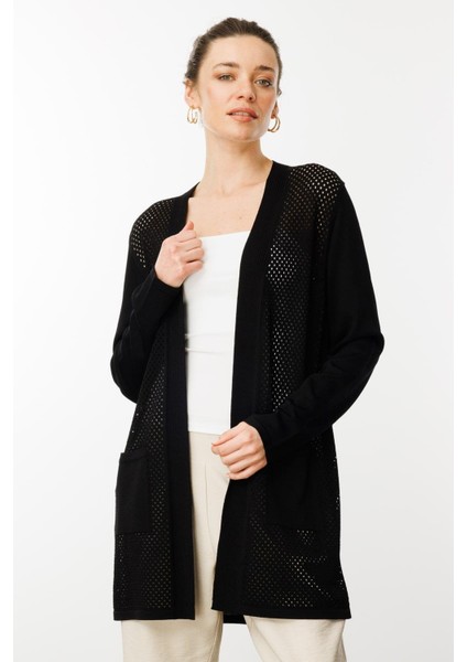 Kadın Delikli Araboy Yazlık Triko Hırka Siyah