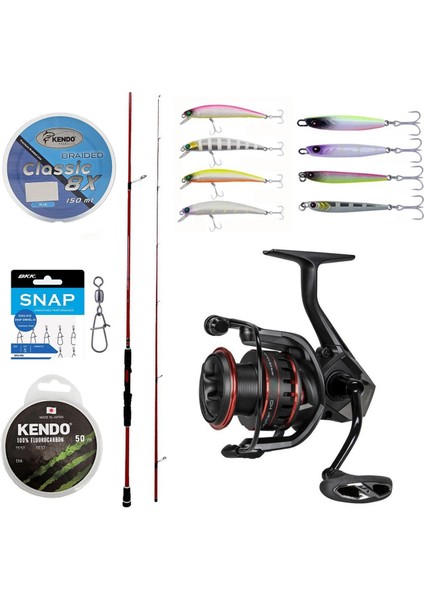 Yekoutdoor Profesyonel Lrf Seti Okuma Red Spin 7'6'' 228 Cm 3-15 Gr 2 Parça&Okuma Ceymar Hd Chd-2500a Matt Black 7+1bb Olta Makinesi
