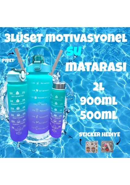 3'lü Set Bpa Içermez Motivasyonel Turkuaz Su Mataraı,su Şişesi [2LT,900ML,500ML]