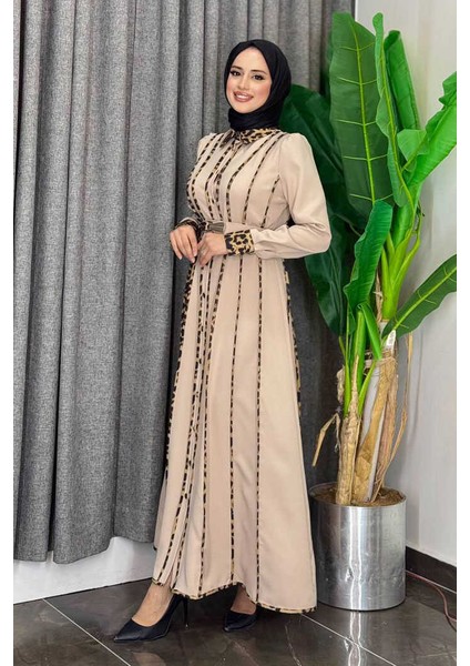 Leopar Biyeli Kemerli Elbise 3930 Taş modelleri